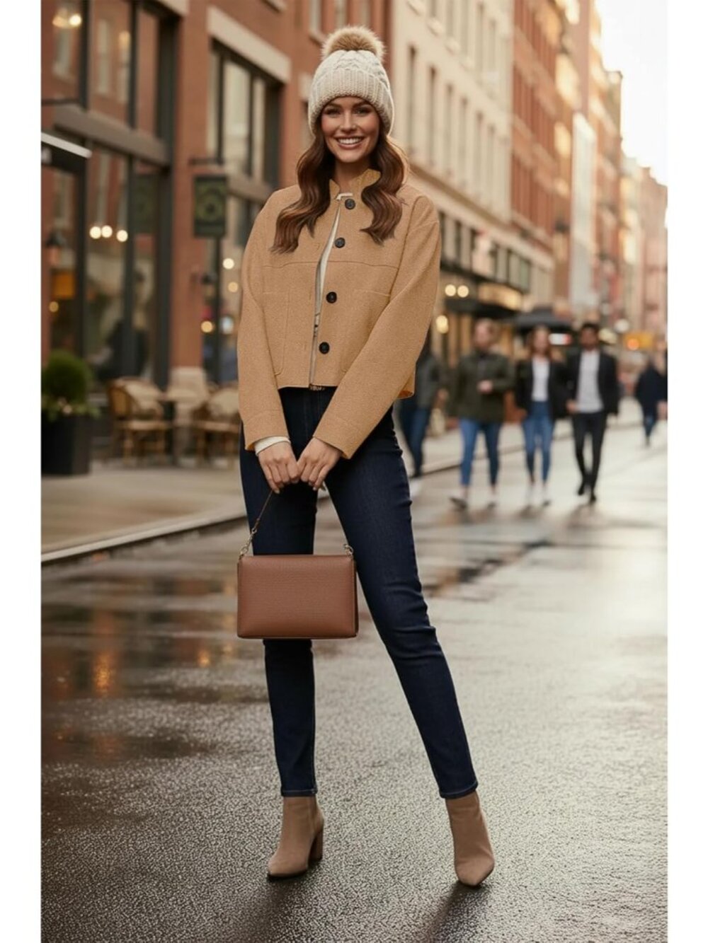 Women's Khaki Chic Faux Suede Oversized Button-Down Cropped Motorcycle Jacket - Picture 5 of 5